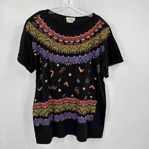 Visage Womens Top XL‎ Black Geometric Tribal Print 90s Vintage Abstract Y2K FLAW